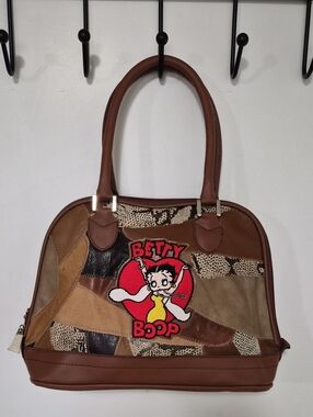 Betty Boop Patchwork Handbag in Brown, Tan & Red Accent